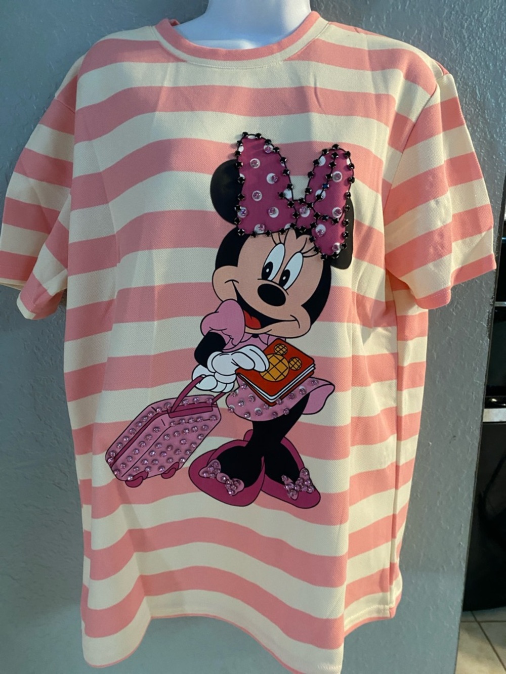 Minnie Mouse Pink & Cream Striped Graphic Tee Bedazzled